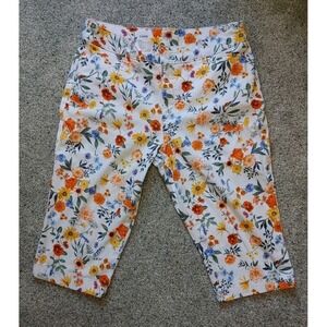Womens St Johns Bay Capri 12P White Floral Mid Rise Easy Fit Orange Blue Preppy